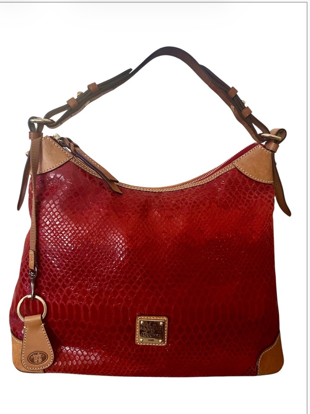 Dooney & Bourke Red & Tan Embossed Leather Shoulder Bag w/keychain - Picture 2 of 16